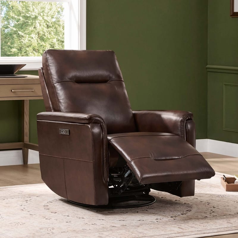 Spruce & Spring Genuine Leather Swivel Glider Recliner with Adjustable Headrest