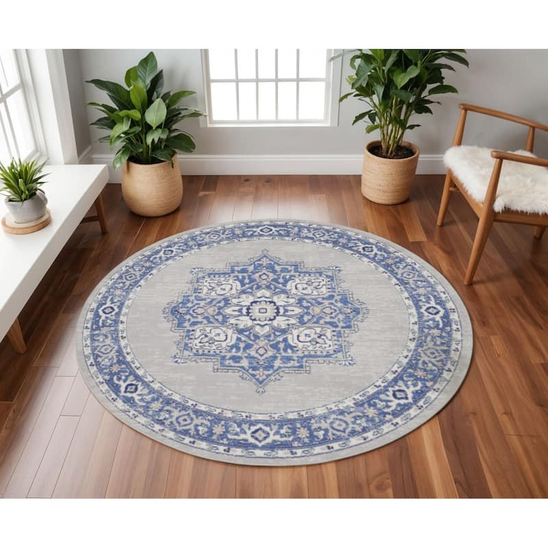 Guri Power Loomed Geometric Floral Traditional Stain Resistant Area Rug By HomeRoots - 96' X '96' X '0.39 - 96' X '96' X '0.39 - Oxford Blue - Round