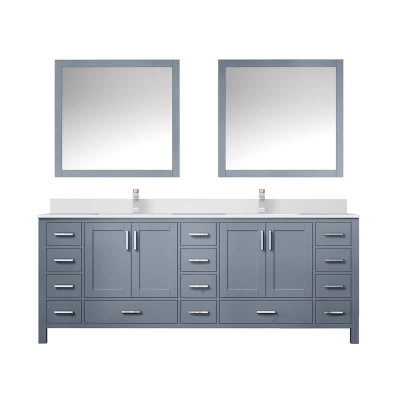 Jacques 84 in. W x 22 in. D Dark Grey Double Bath Vanity, White Quartz Top, Faucet Set, and 34 in. Mirrors