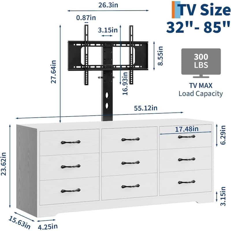 Modern 55" Media Console with 9 Drawers TV Stand with Mount for TVs Up to 85"