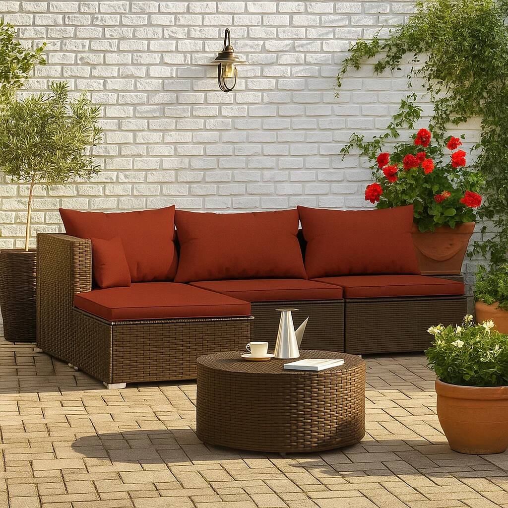 Faye 4pc Outdoor Modular Sofa Set, Brown Poly Rattan and Red Polyester
