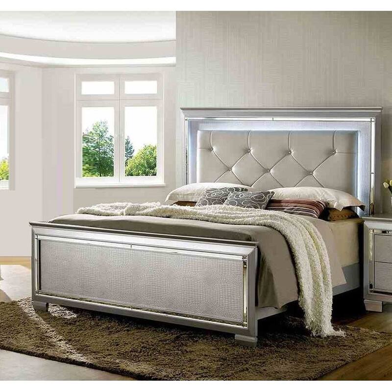 Contemporary Silver Finish 1PC Button Tufted Bed