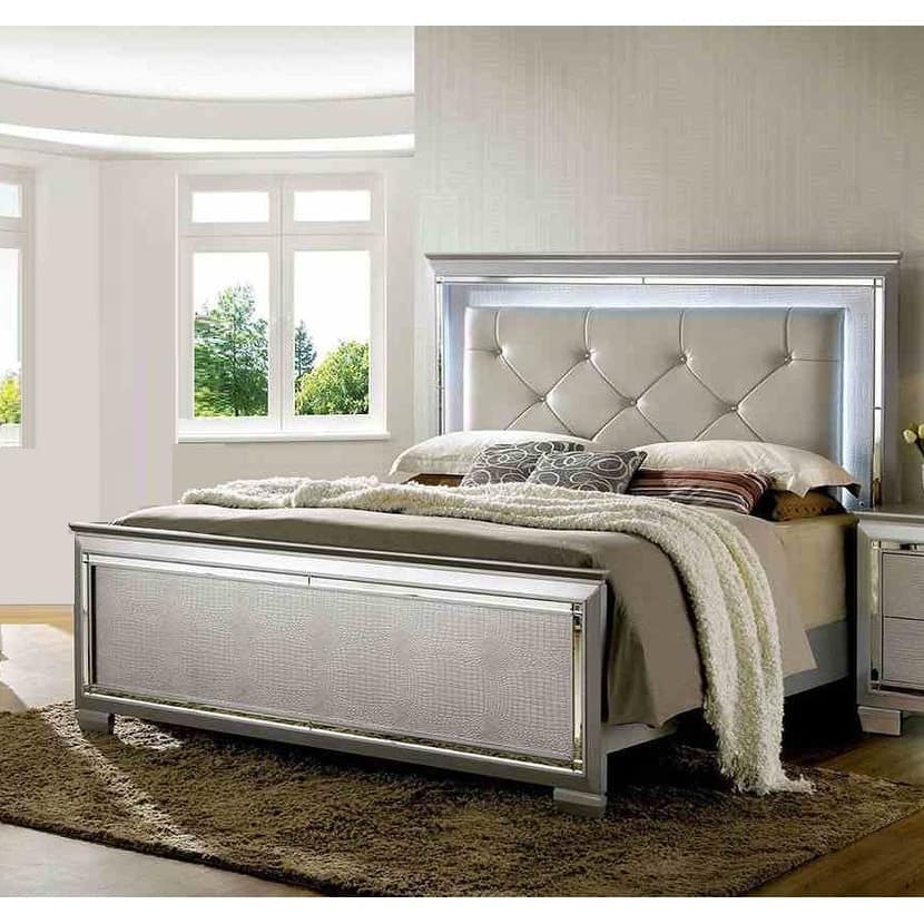 Contemporary Silver Finish 1PC Button Tufted Bed