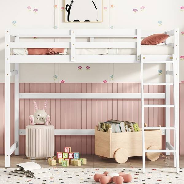slide 2 of 9, Twin Size Pine Wood Loft Bed Frame w/inclined Ladder, Guardrails,White White - Twin