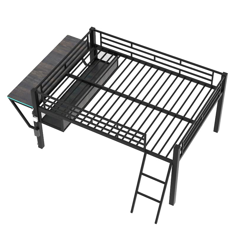 Gaming mid loft bed with desk, LED, Full, Black