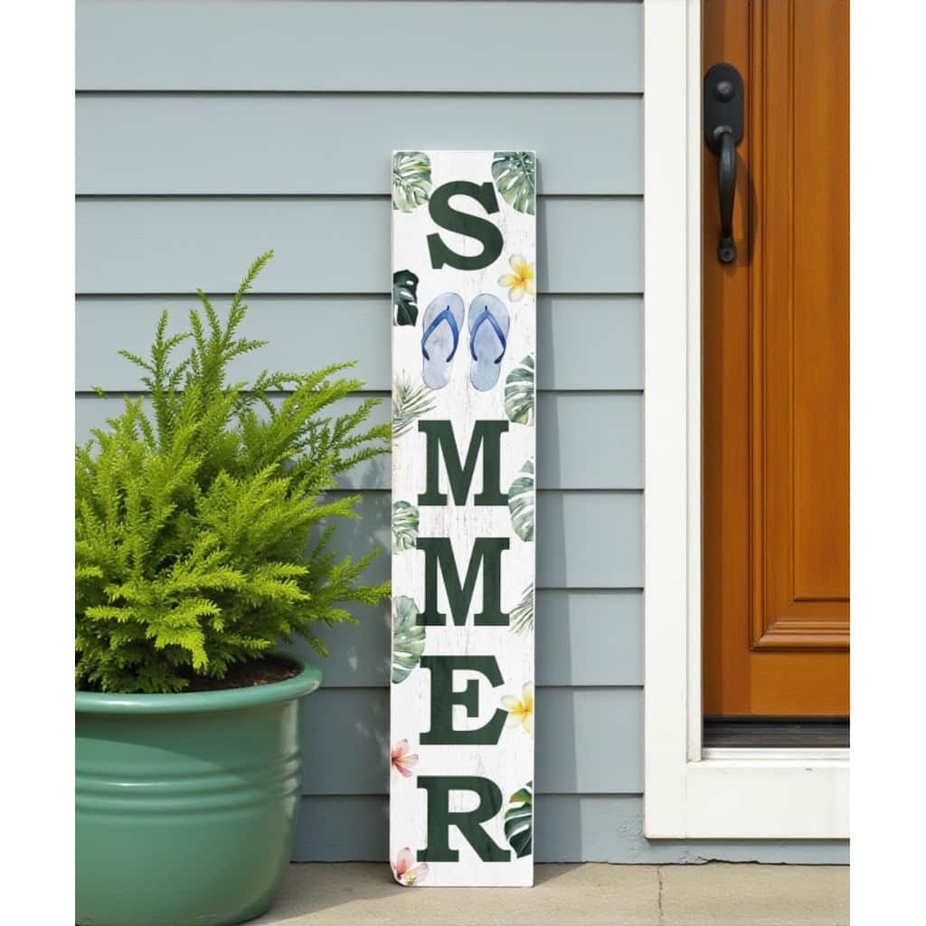 HomeRoots 48" White And Green Solid Wood Summer Porch Sign