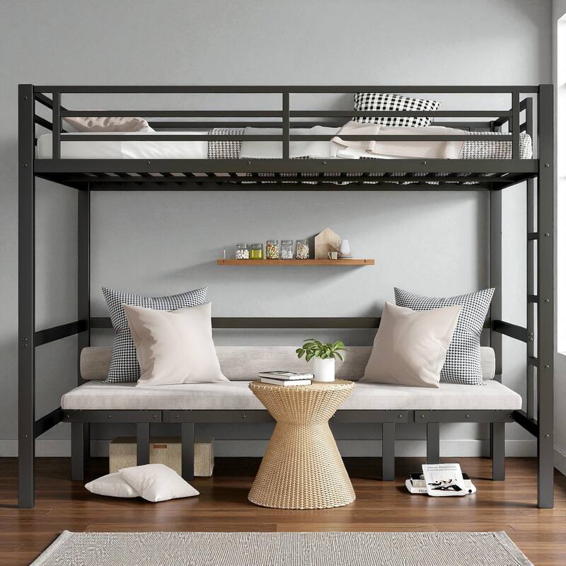 Full over Full / Queen over Queen Metal Bunk Bed with 3-Section Pull-Out Lower Bed and Safety Guardrails