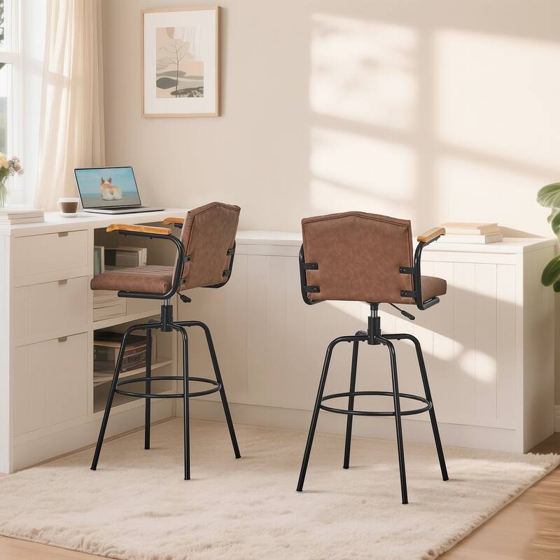 VECELO Set of 2/4 Brown PU Leather Swivel Bar Stools Comfortable Swivel Bar Stools with Footrest Fixed Height Tufted Bar Stools