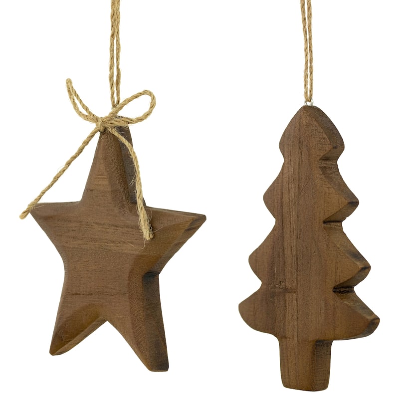 Set of 2 Tree and Star Wooden Christmas Ornaments 5"
