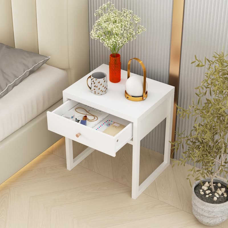 Modern White Nightstand with Single Drawer and Wood Knob, Compact Design for Small Spaces