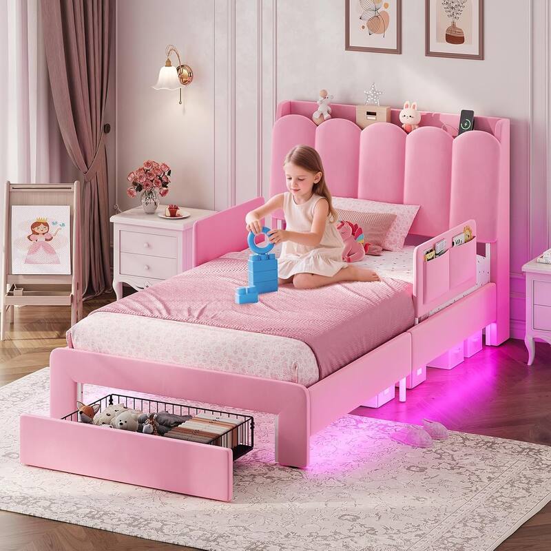 LED Bed Frame Storage DrawerSafety Guardrails Velvet Princess Platform Bed Kids