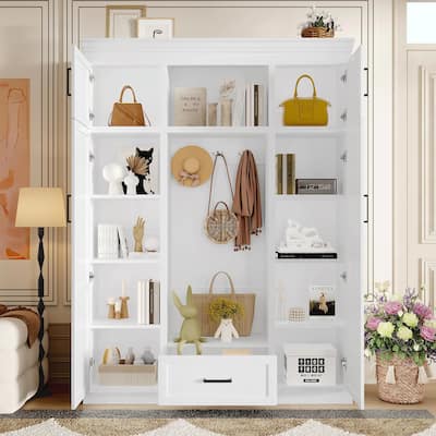 85.2''H Hall Tree with Bench and 3 Hooks, 4 Doors, 1 Drawer and Adjustable Shelves