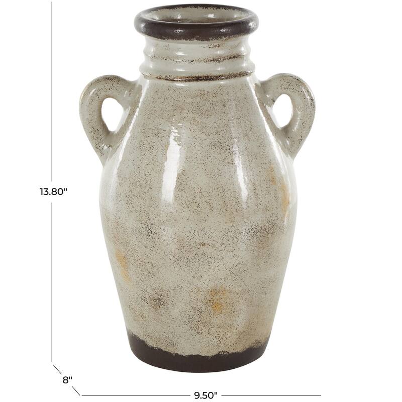 Cream Ceramic Antique Amphora Decorative Vase with Speckled Texturing and Yellow and Brown Accents