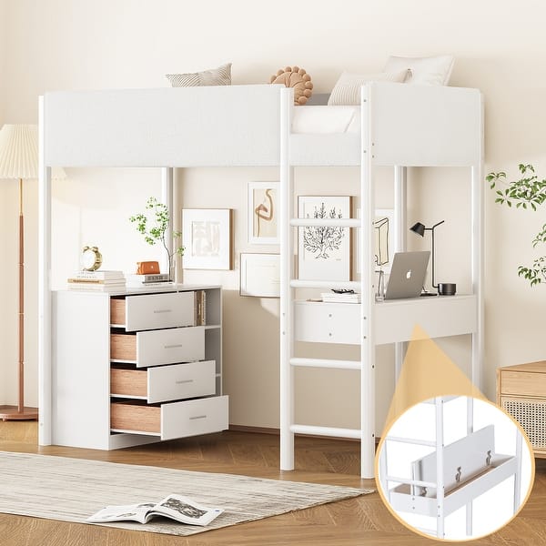 slide 2 of 84, Teddy Fleece Wood Loft Bed with Shelves, Storage Bed Frame with Drawers and Desk, for Kids Boys Girls Teens