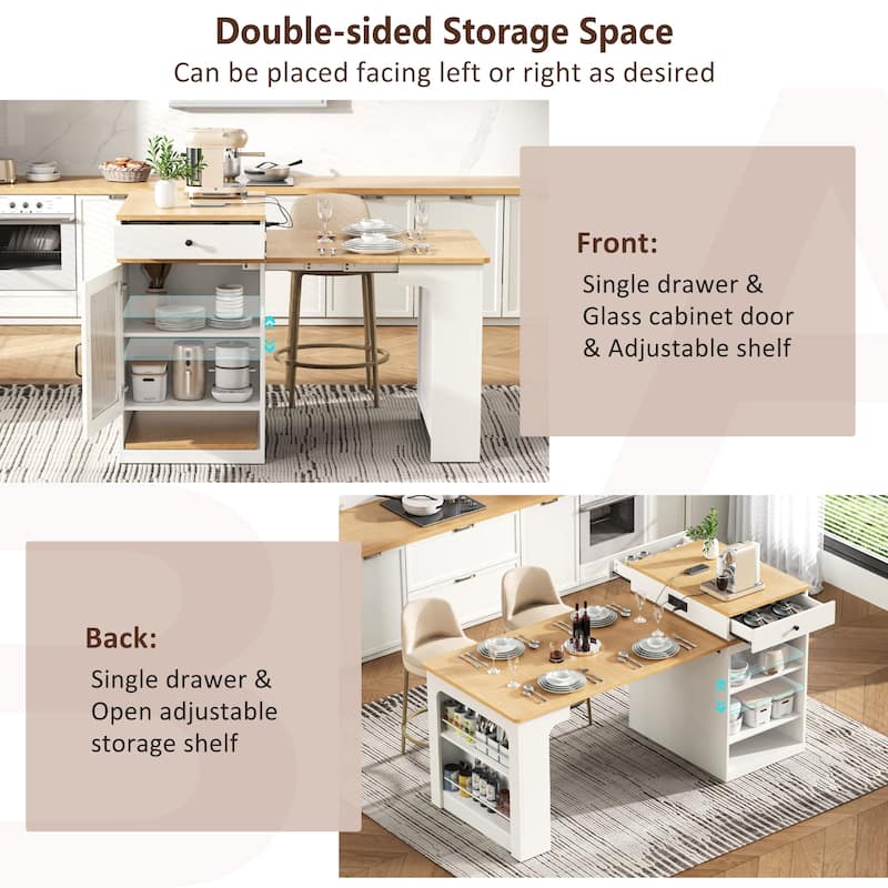 59.5" Kitchen Island with Extendable Dining Table, Kitchen Storage Table with Double-sided Storage, with 2 Drawers