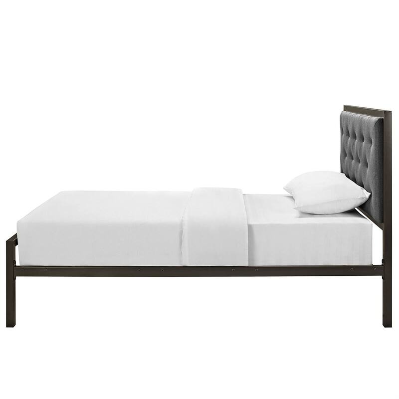 Twin Size Metal Platform Bed with Grey Fabric Button Tufted Upholstered Headboard and Perfect for Any Room