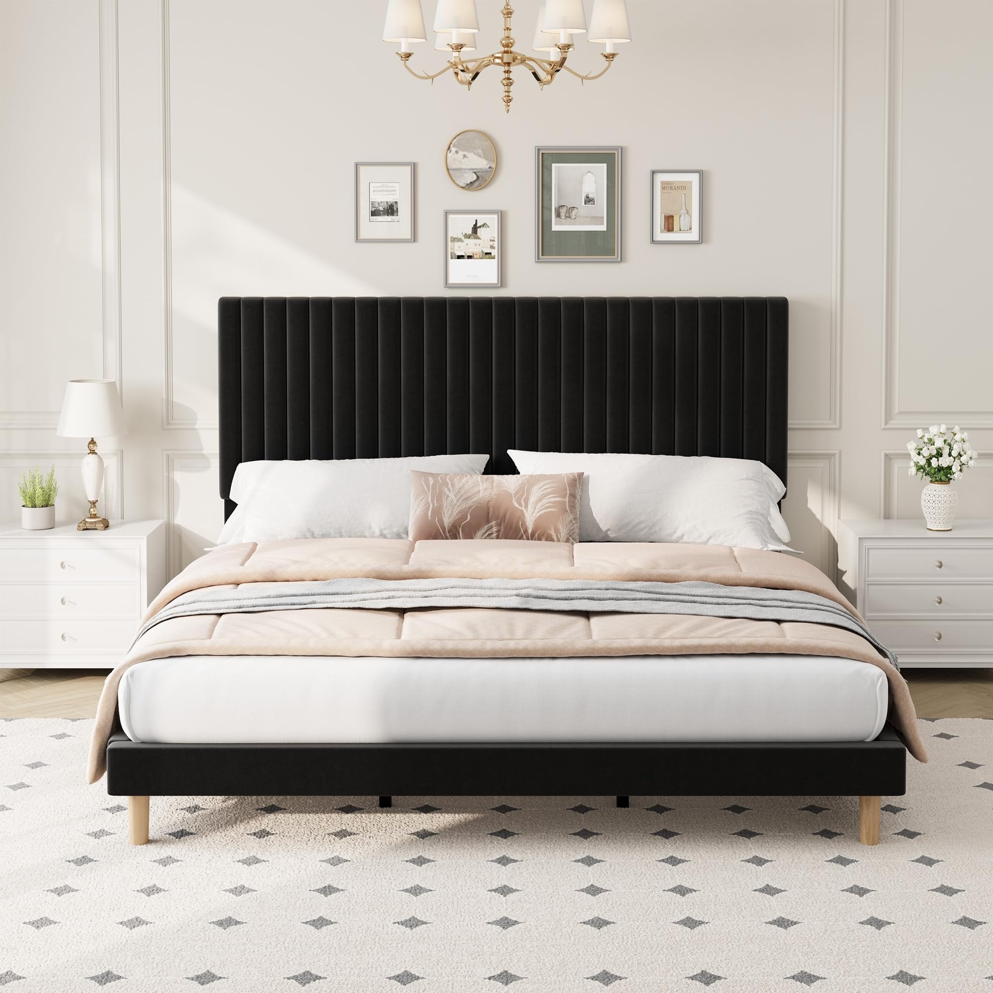 Velvet Bed Frame, Vertical Channel Tufted Headboard, Height Adjustable, Upholstered Platform Bed, No Box Spring Needed