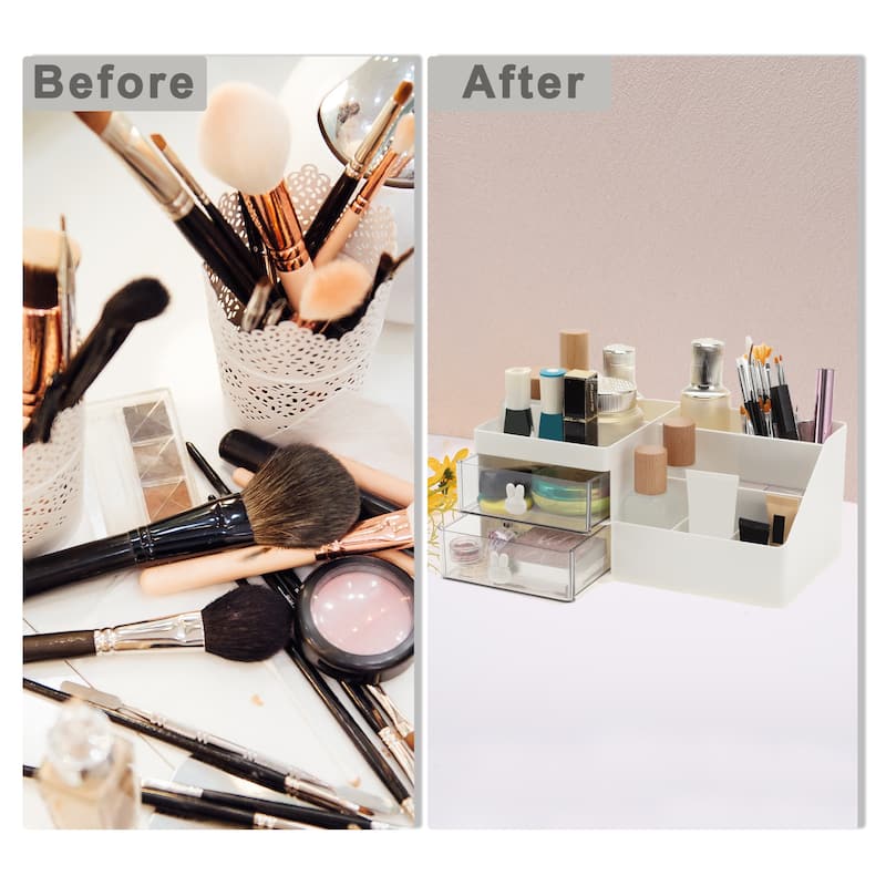 Makeup Organizer W/ 2 Drawer 8 Grids for Countertop Vanity for Brushes - 11.22"x6.18"x4.72"