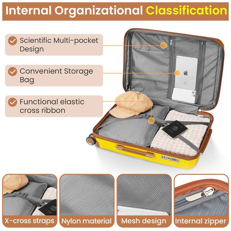 14/20/24/28 4-Piece, Modern Expandable Luggage Sets with 360 Mute Spinner Wheels and TSA Lock, for Boarding Travel, Yellow