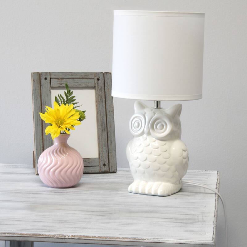 Tall Ceramic Owl Bedside Table Desk Lamp with Drum Shade - 12.75" - Cream