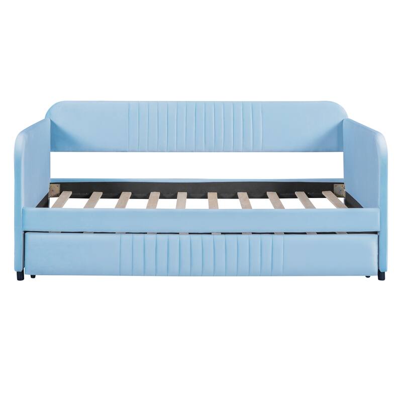 Twin Upholstered Daybed with Trundle Bed - Velvet Fabric Sofa Bed with Wood Slats, for Small Spaces, No Box Spring Needed