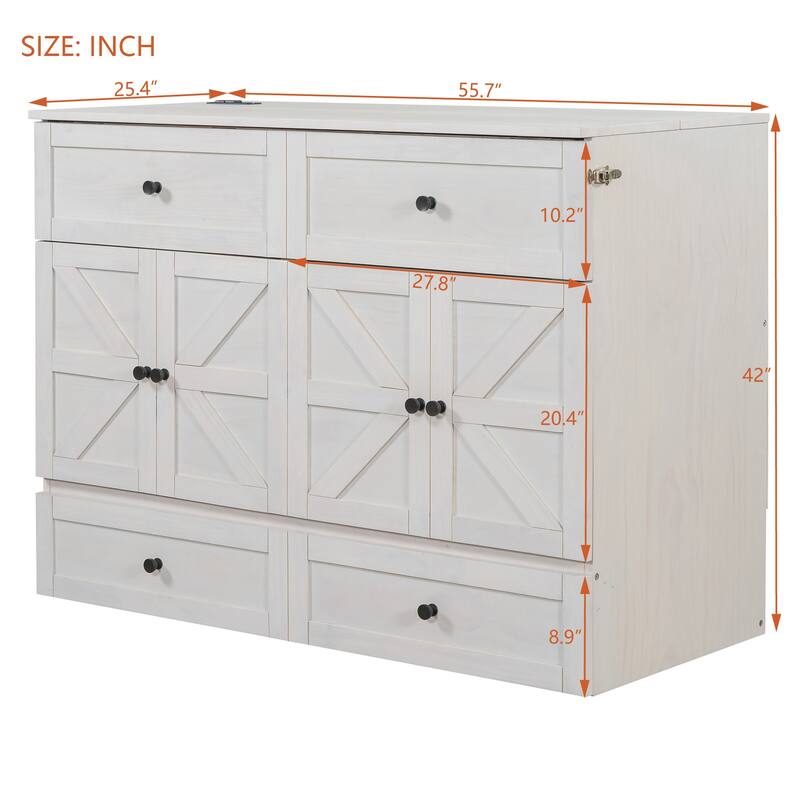 Space-Saving Full Size Murphy Bed with USB Ports and Storage Drawers, Brushed White