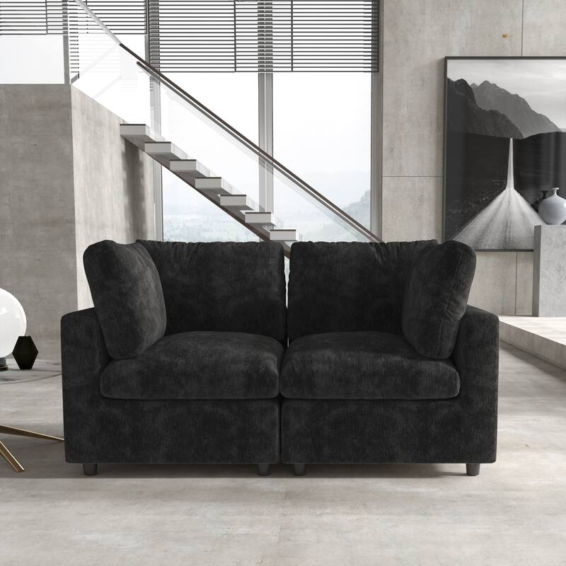 67" Modern Loveseat Sectional Sofa for Living Room,Chenille Modular Couch, Removable Cover, Spring Cushions, Solid Wood Frame - Black