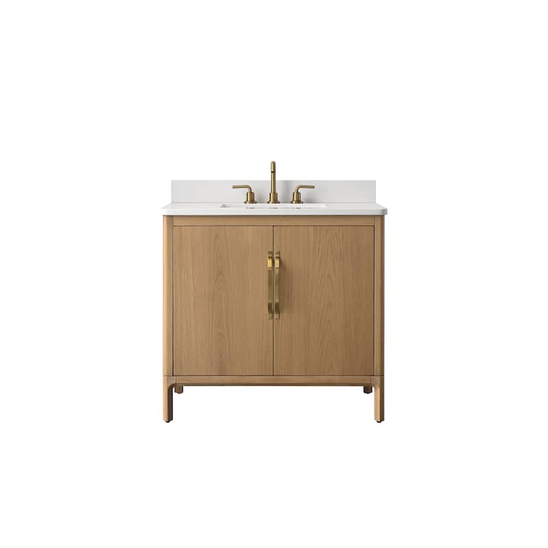 36" Freestanding Bathroom Vanity with Engineered Stone Top, Ceramic Sink, Built-In Power Outlet, and Soft-Close Doors