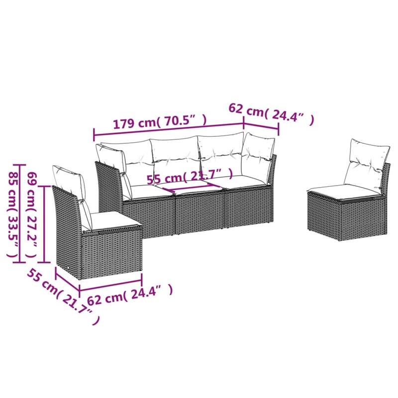 vidaXL Garden Sofa Set Black, Cream White Poly Rattan, Powder-Coated Steel - 24.4 x 24.4 x 27.2