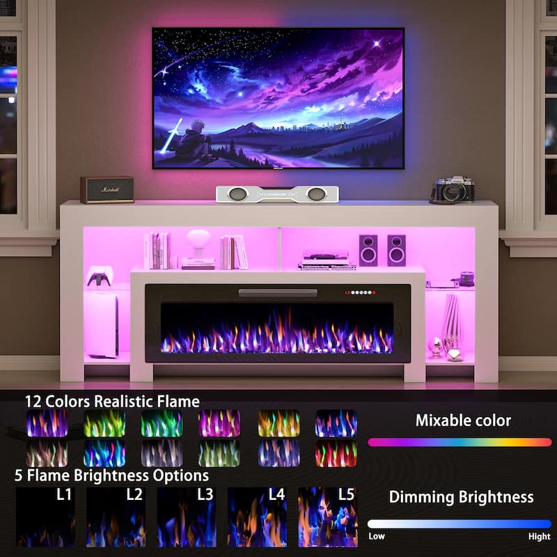 BOSSIN 82" Electric Fireplace TV Stand Entertainment Center, High Gloss with LED Lights, Holds TVs Up to 90 Inches, White
