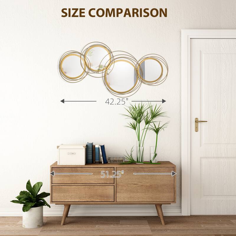 Gold Metal Round Wall Mirror with Thick Glass and Easy Mounting - 42.25"Dia. x 1.5" D x 22” H