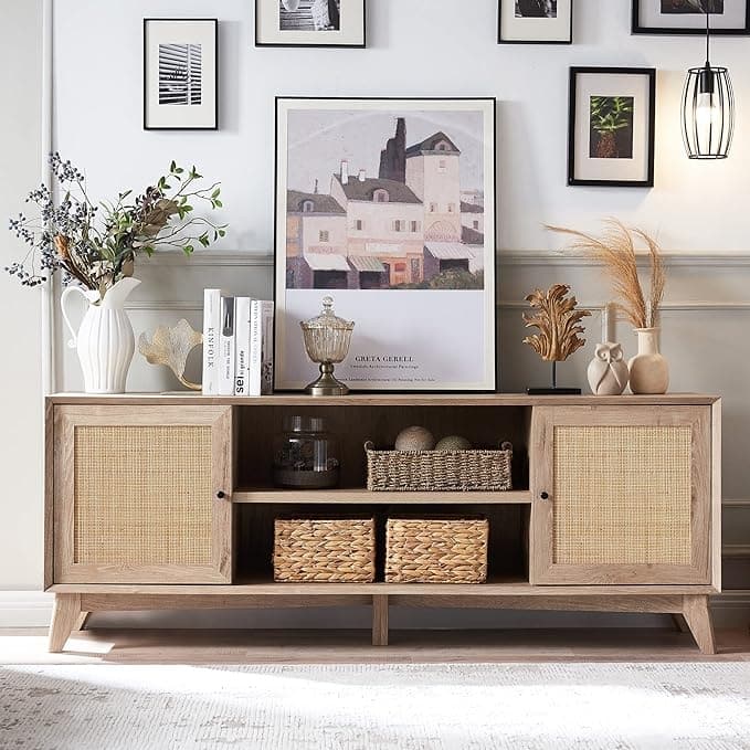 Mid-Century Modern Rattan TV Stand for 75'' TV, Entertainment Center