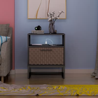 1-Door Nightstand with USB Charging Ports, Storage Bedside Table