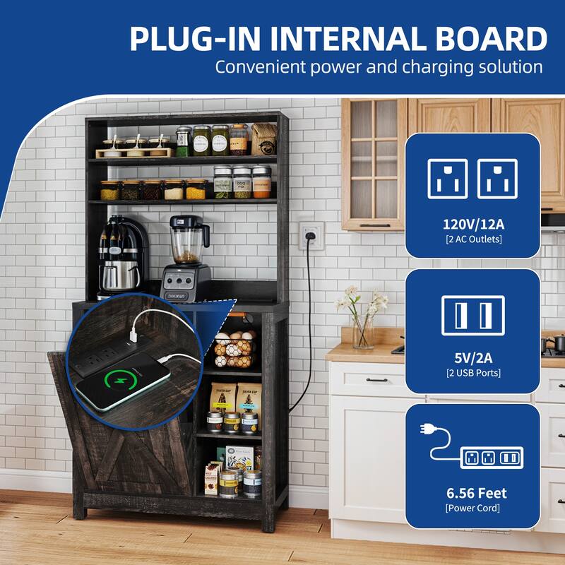 Moasis Bakers Rack with Trash Can Storage Bin Cabinet and Power Outlet