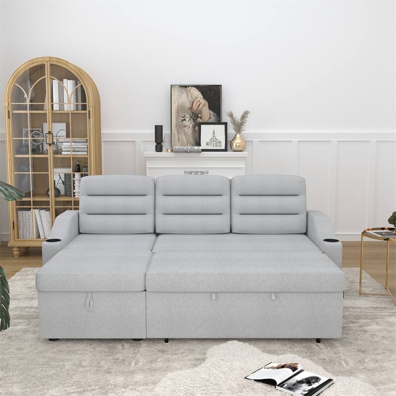 83.5" Polyester Convertible Combo Sofa w/ Storage Recliner and Holder - Light Grey