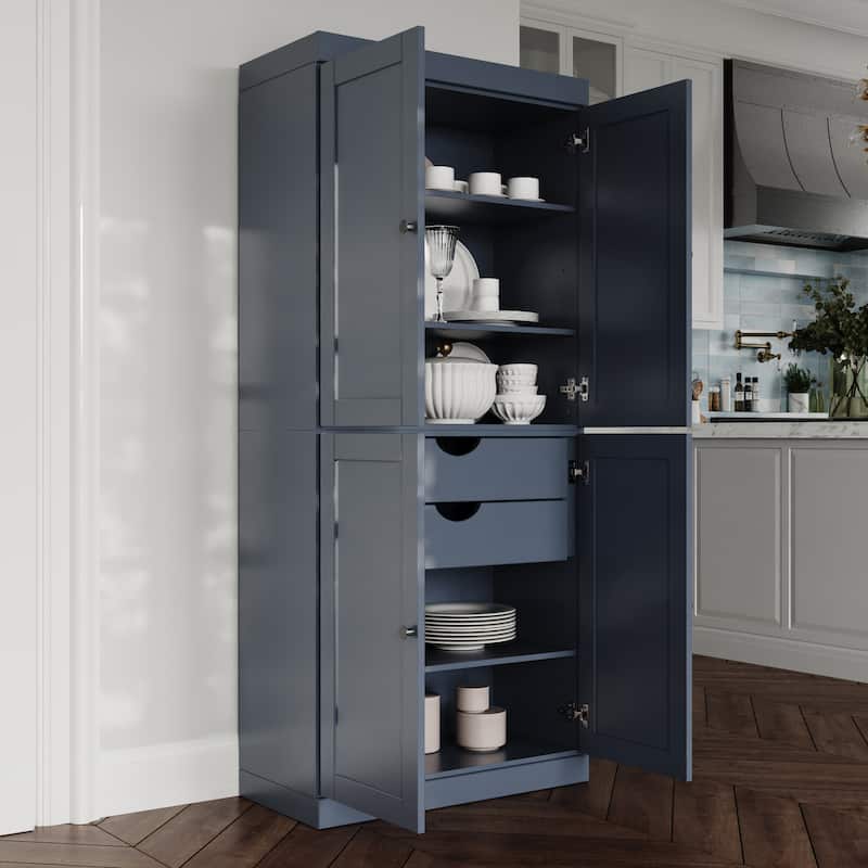 Palace Imports 100% Solid Wood 32" Pantry Cabinet with Shaker Doors, 2-Drawers and Adjustable Shelves - Antique Blue