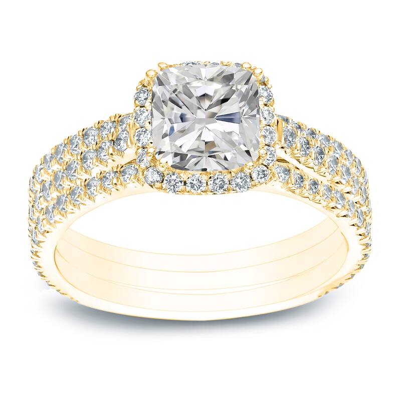 Auriya 2 2/5ctw Cushion-cut Halo Diamond Engagement Ring 3pc Set 14k Gold Certified - 10 - Yellow