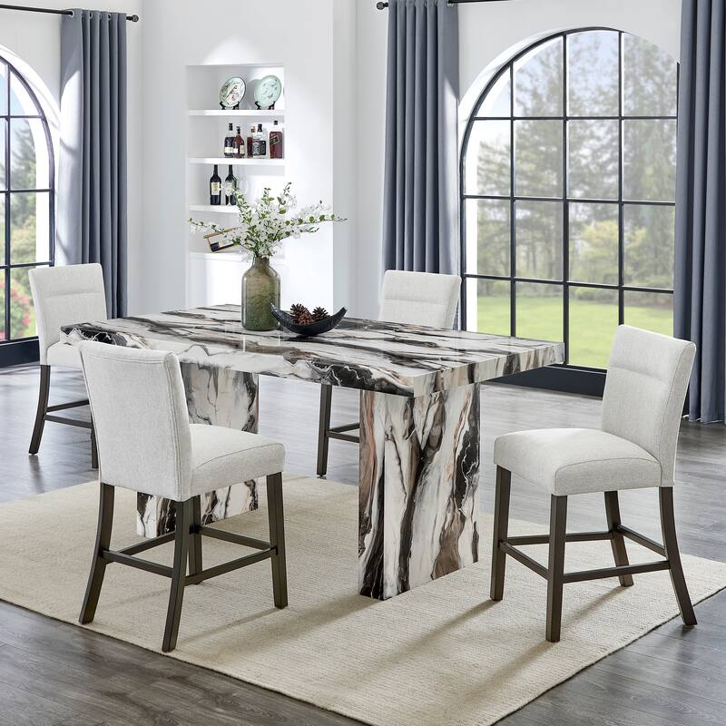 Roundhill Furniture Cavira 5-Piece Modern Faux Marble Dining Set, Counter Height Table with 4 Upholstered Chairs