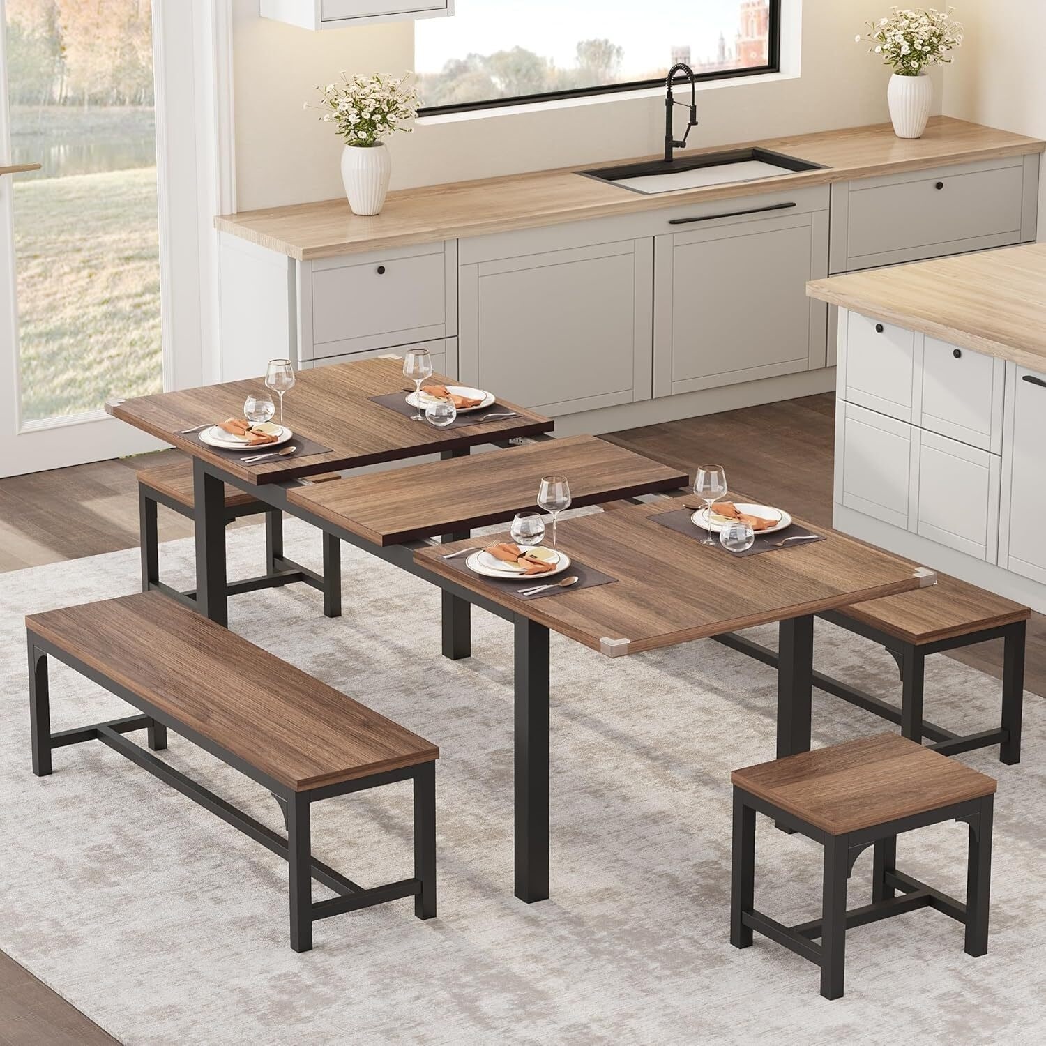Dining Table Set for 6-8 with Benches and Stools