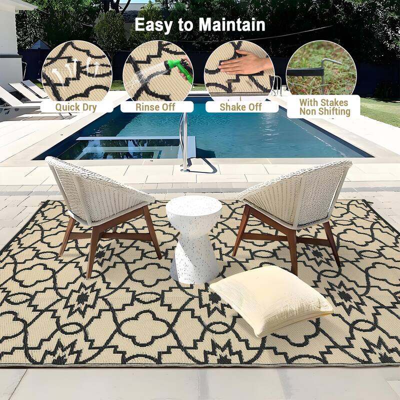 Outdoor Plastic Straw Rug Geometric Waterproof Reversible Area Rug for Patio Backyard Picnic Camp Beach
