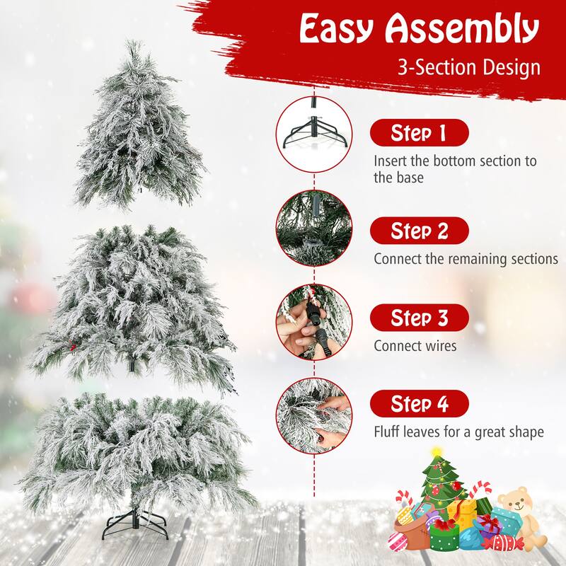 Gymax 4.5/6/7 FT Pre-Lit Artificial Christmas Tree Snow Flocked Full