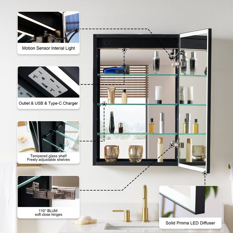 30'' H Recessed Or Surface Wall Mounted LED Mirror Cabinet With Mirror And Adjustable Shelves,Black Frame