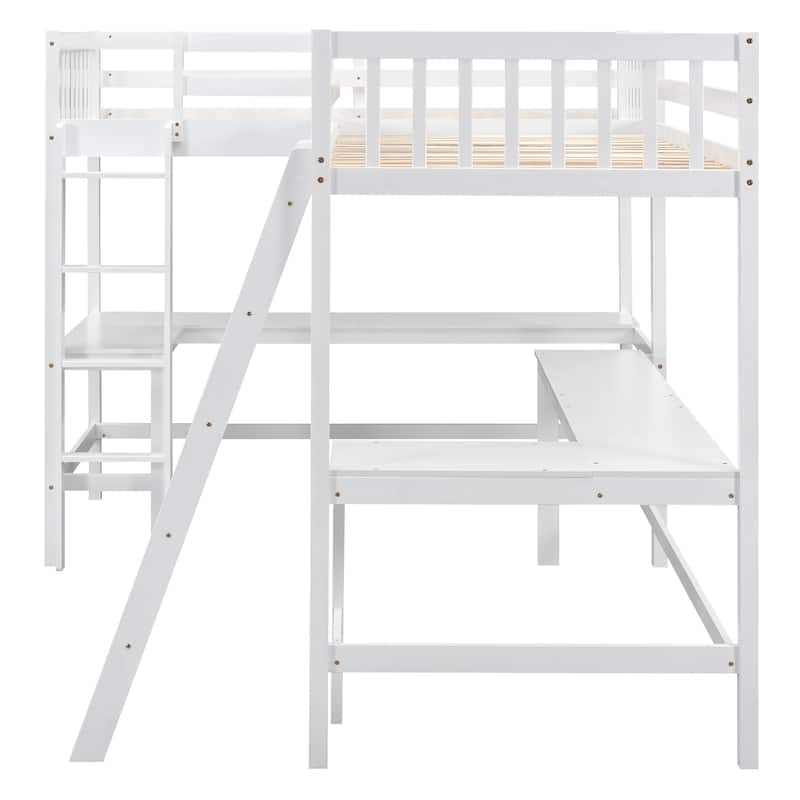 Twin Size L-Shaped Loft Bed with Ladder and 2 Built-in Desks, White
