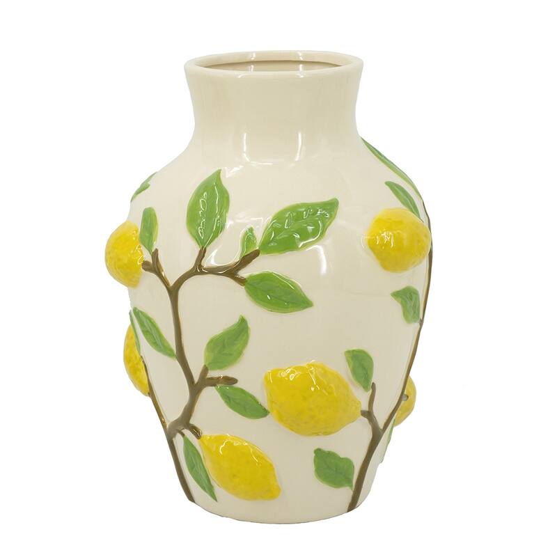 9x9x12.5" White Ceramic Vase with Vibrant Yellow Lemon Accents