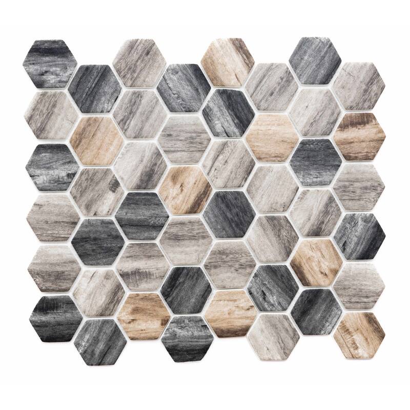 Recycled 1.88x1.88 Greige Wood Look Glass Hexagon Mosaic Tile - Wall & Backsplash