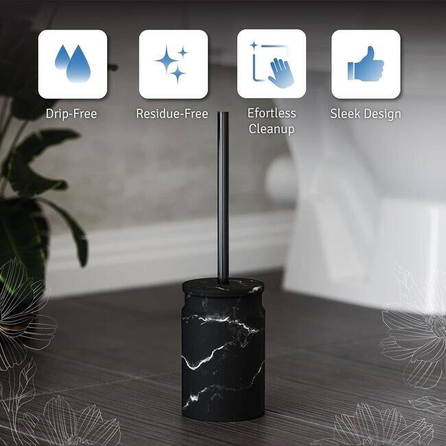 Creative Scents White Marble Toilet Brush and Holder Set Black On