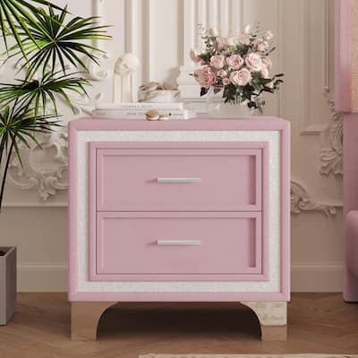 2-Drawer Nightstand with Silver Glitter Strip Decor and Metal Legs, Upholstered Nightstand, Velvet Bedside Table for Bedroom