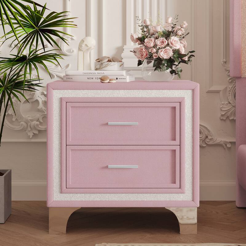 3-Pieces Bedroom Sets, Upholstered Platform Bed with Flower Pattern Velvet Headboard ,and Two Nightstands with 2 Drawers