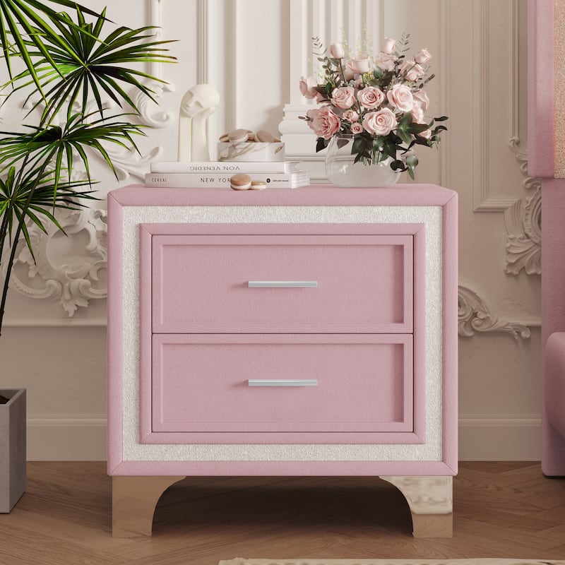 Velvet 2 Drawers Nightstand with Glitter Strip Decor and Metal Legs - Pink