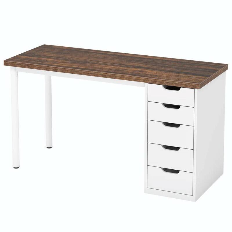 47" Home Office Writing Desk with 5 Drawers, Engineered Wood Top and White Metal Legs